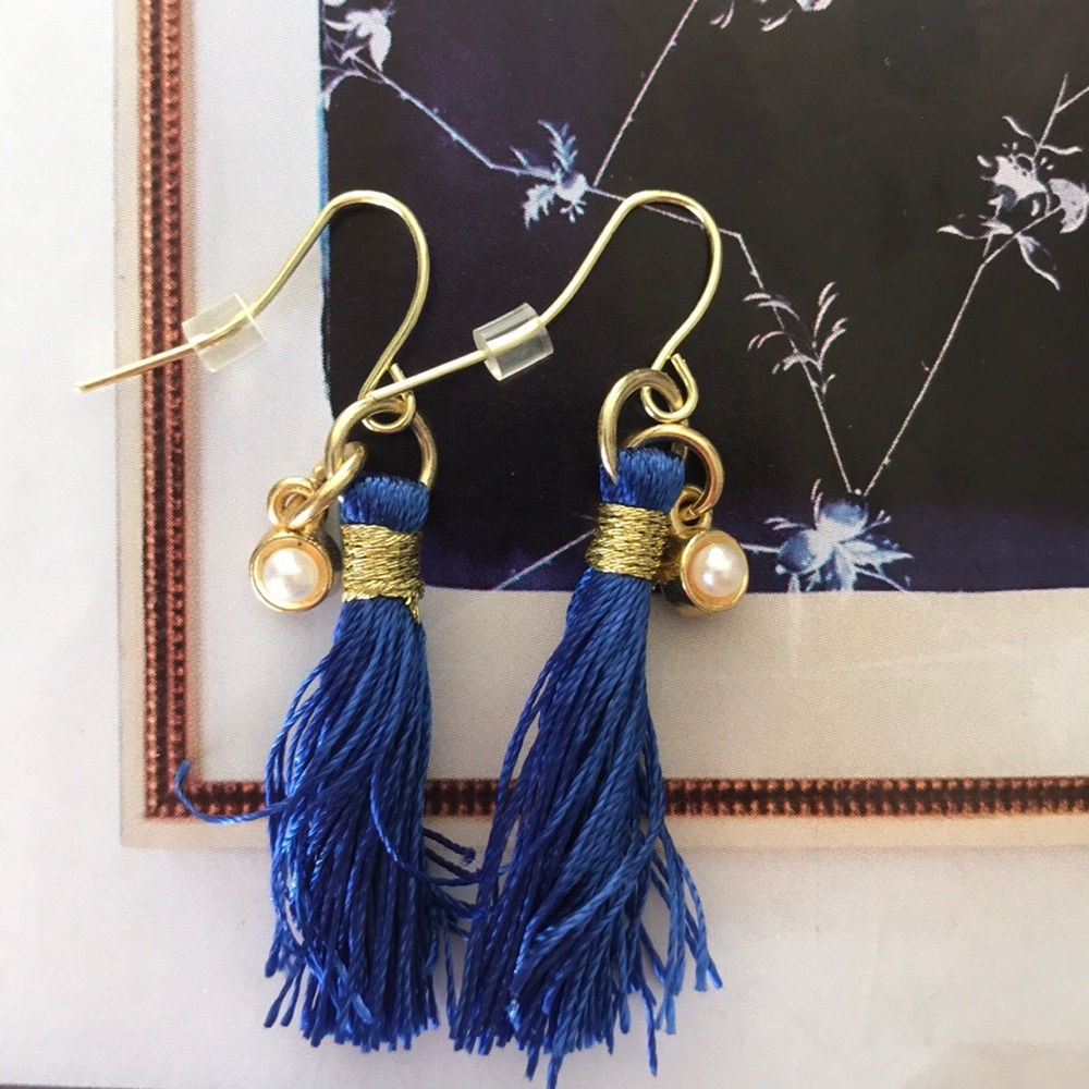 Royal Blue Tassel + Pearl Drop Earrings